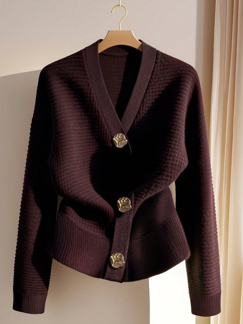Brown Casual Women's Elegant Metal Decor Long Sleeve Knitted Cardigan